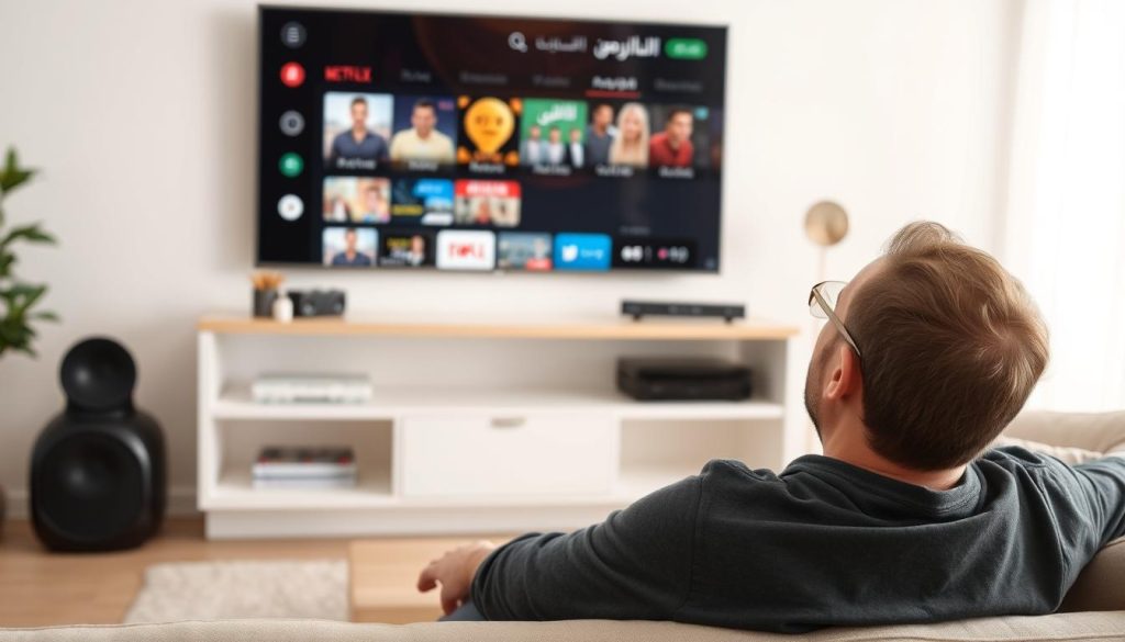 شخص يستمتع بمشاهدة محتوى متنوع عبر خدمة IPTV بعد اختيار الخدمة المناسبة