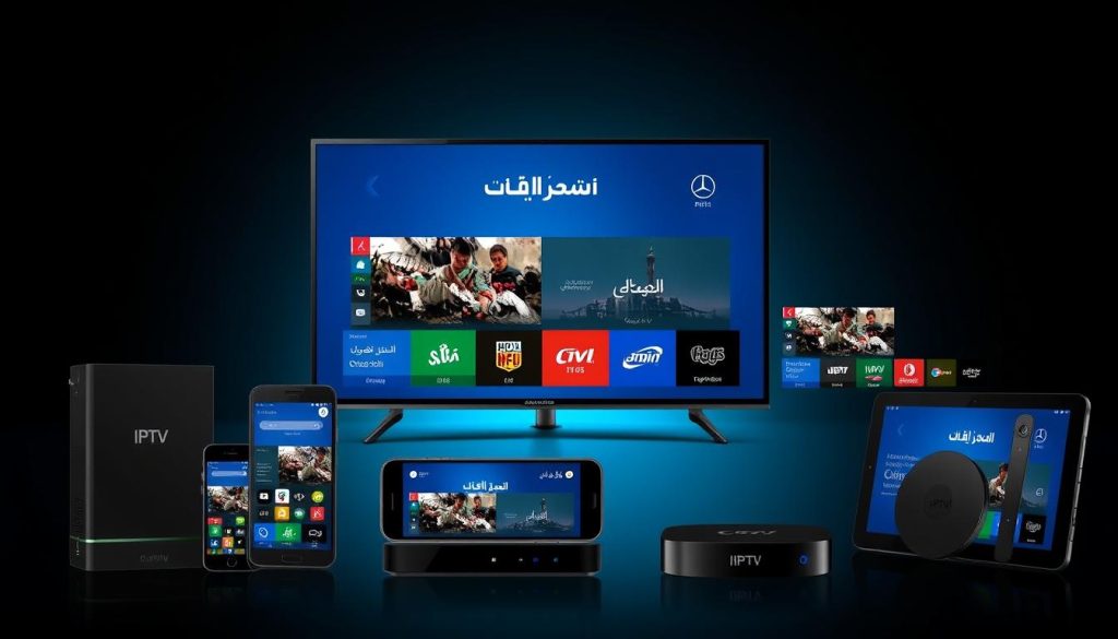 مجموعة متنوعة من الأجهزة المتوافقة مع خدمة IPTV مثل الشاشات الذكية وأجهزة الاستقبال والهواتف
