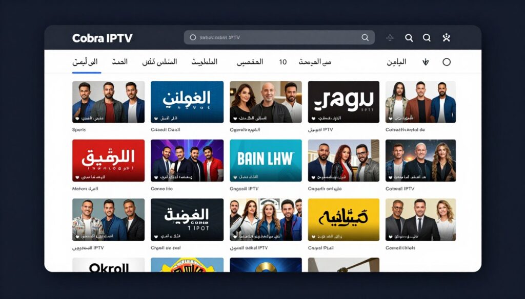 Cobra IPTV interface showing Arabic sports channels and movie library
