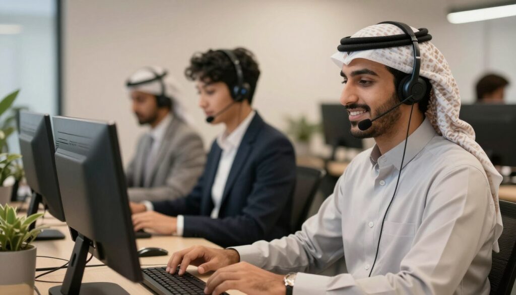 Customer support team with headsets in modern office