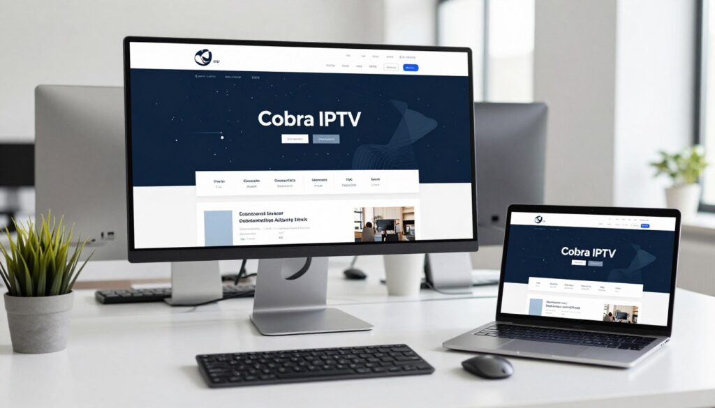 Desktop computer and laptop showing Cobra IPTV web player interface