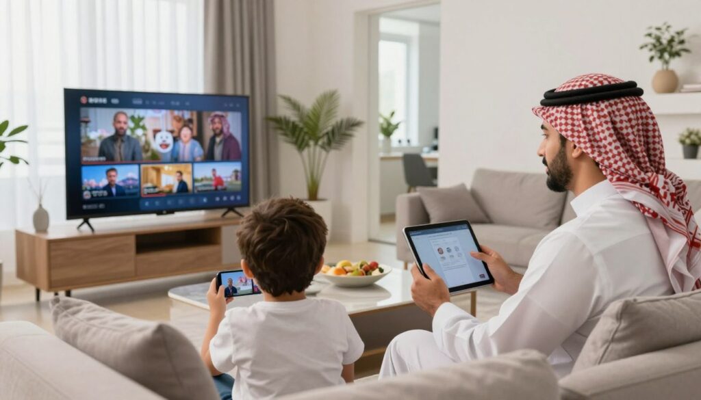 Family enjoying IPTV content on multiple devices at home