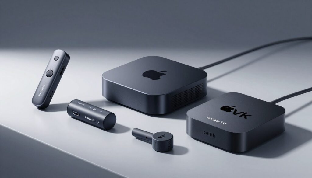 Popular streaming devices including Fire TV Stick, Apple TV, and Roku boxes