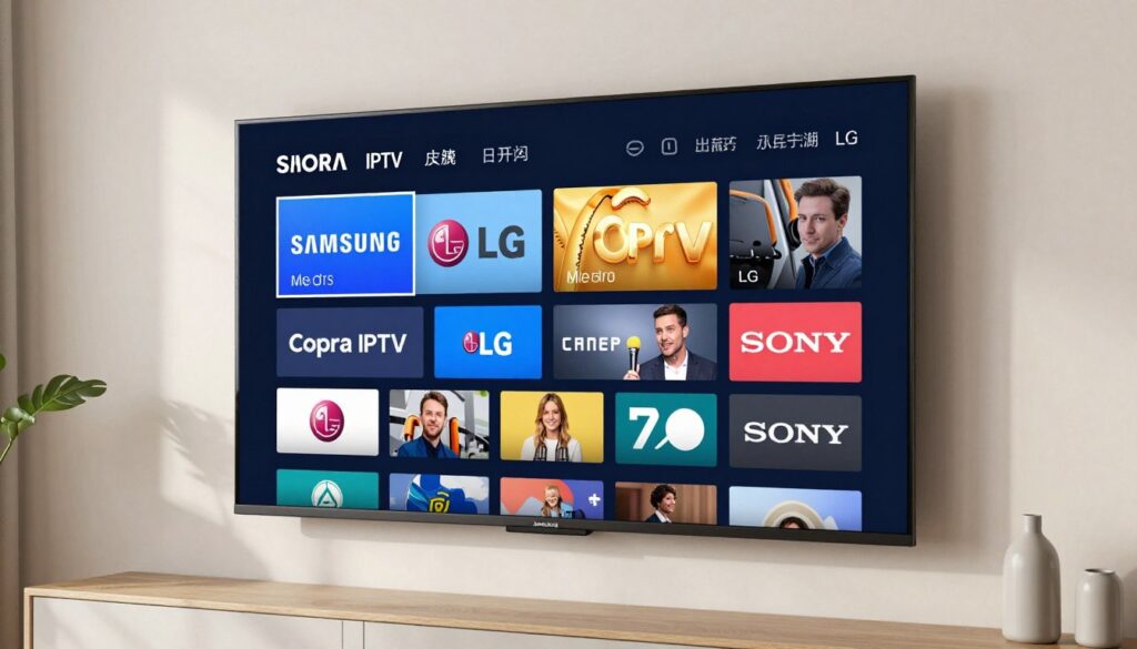Smart TV displaying Cobra IPTV menu with Samsung LG and Sony logos